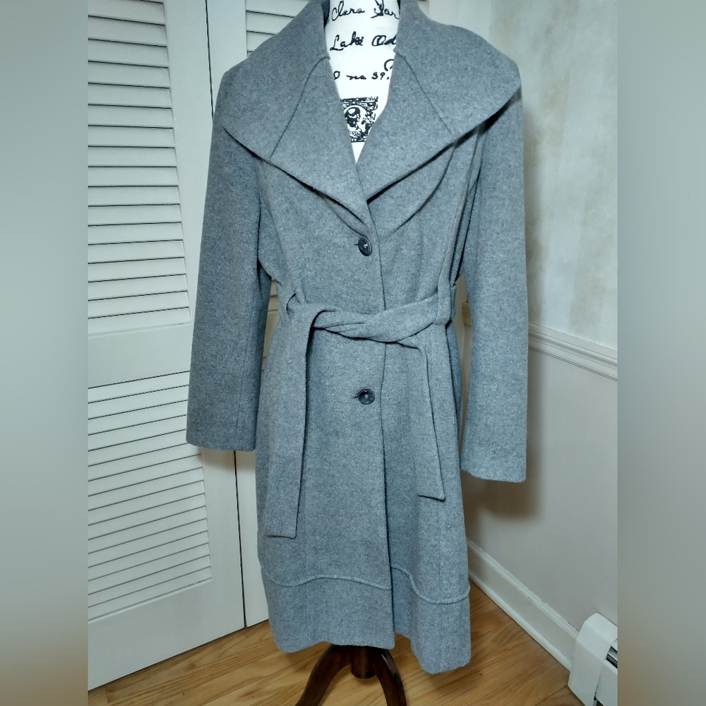 Calvin Klein Wool Blend Elegant Lined Gray Belted Coat, Over The Knee, Size 12